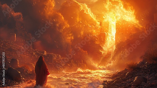 Moses by the burning bush at mount Horeb photo