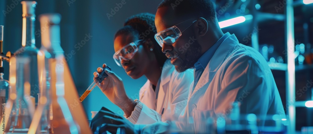 Fototapeta premium In a modern medical research lab, black and white scientists work on laptops, analyze data, talk. Advanced Scientific Pharmaceutical Lab for Medicine and Biotechnology Development in the evening.