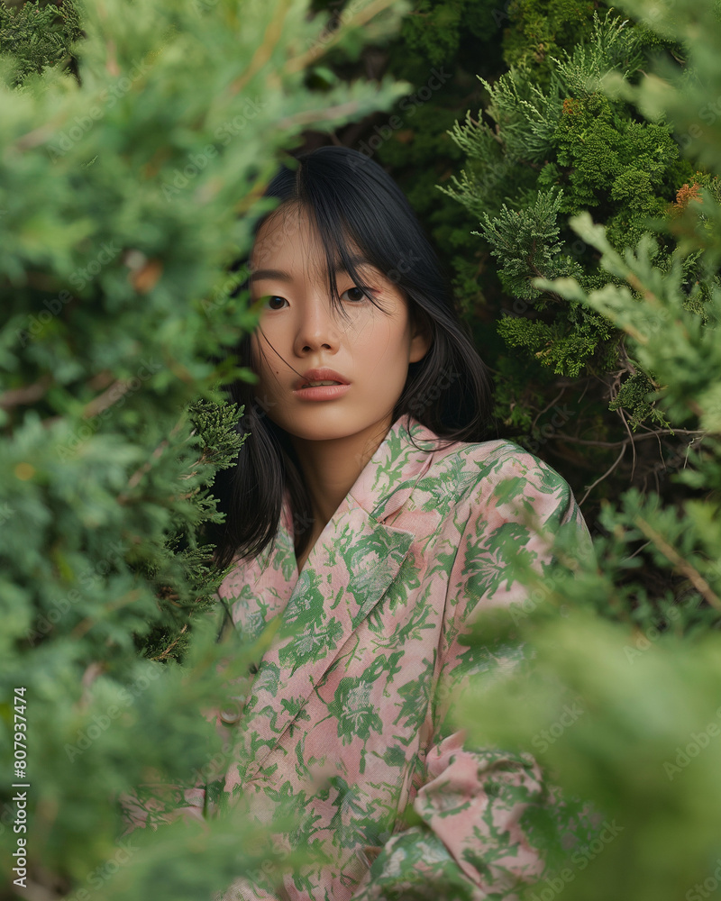 A young Asian woman in a floral-patterned pink jacket poses nestled in lush greenery. Natural beauty meets fashion in an outdoor setting. A young Asian woman in a floral-patterned pink jacket poses nestled in lush greenery. Natural beauty meets fashion in an outdoor setting.