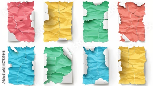 Colorful strips of ripped paper - clean, squared, lined and dotted scrap with broken and ripped edges. Editable modern illustration set of cut square and rectangular notes. photo