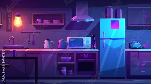 Modern background of night office kitchen interior with microwave, kettle, refrigerator, and dishes. Glow bulb in dark modern corporate canteen for snacking or eating lunch.