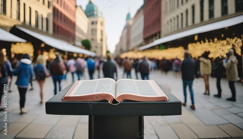 The Bible on the Podium in a City Square.  photo