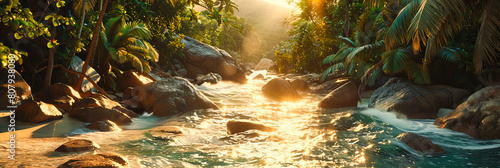 Tranquil River Scene with Cascading Waterfall  Lush Greenery and Rocky Landscape  Serene Nature Setting