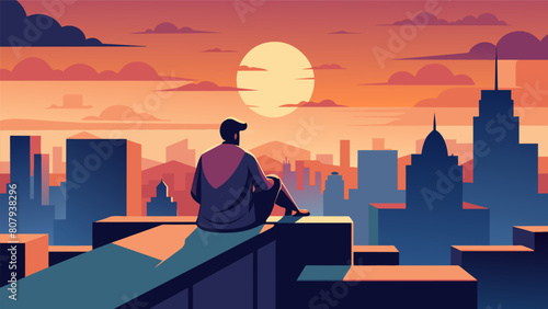 On a rooftop in the bustling city a Stoic gazes at the sunset amidst the chaos finding peace and acceptance in the everchanging world around them.. Vector illustration