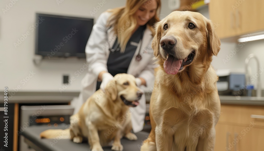 veterinary examination room, dog sits on examination table, veterinary doctor examining the dog veterinary examination room, dog sits on examination table, veterinary doctor examining the dog
