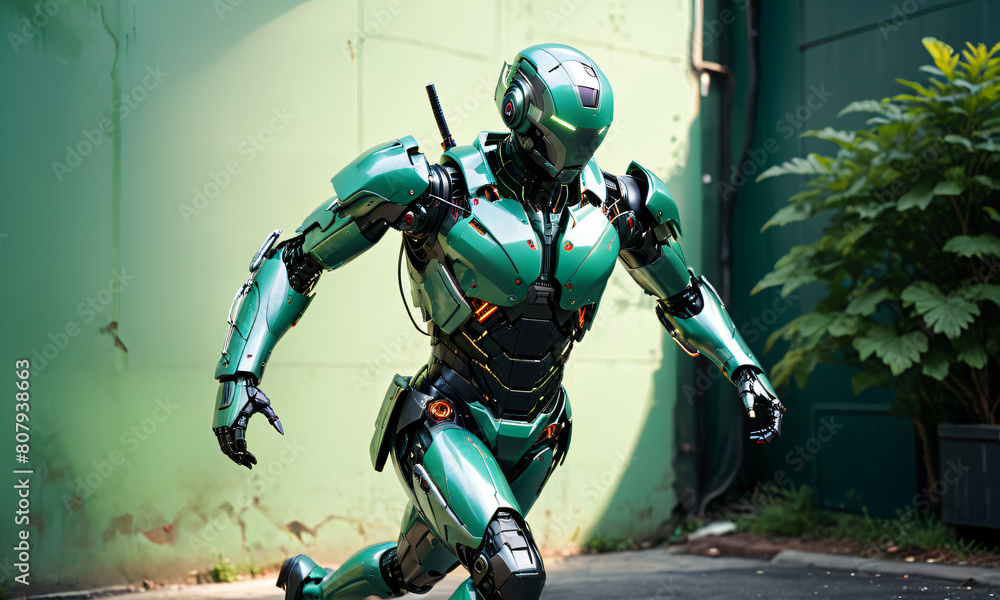Fototapeta premium Dynamic Pose: Advanced Humanoid Robot, AI & Technology in Motion