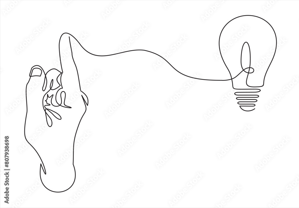 Obraz premium Continuous one line drawing hand holding light bulb symbol idea. BIG IDEA.