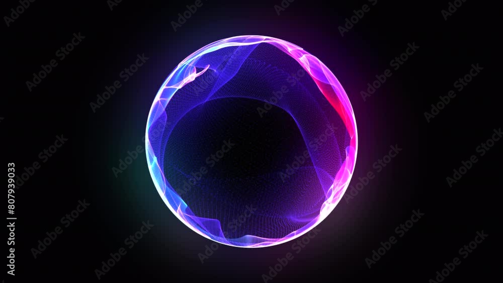 Vibrant glowing particle 3d sphere animation. Virtual assistant concept. Bright 3d energy orb in the space. Technology, science, innovations, and artificial intelligence background. 4k loop. 