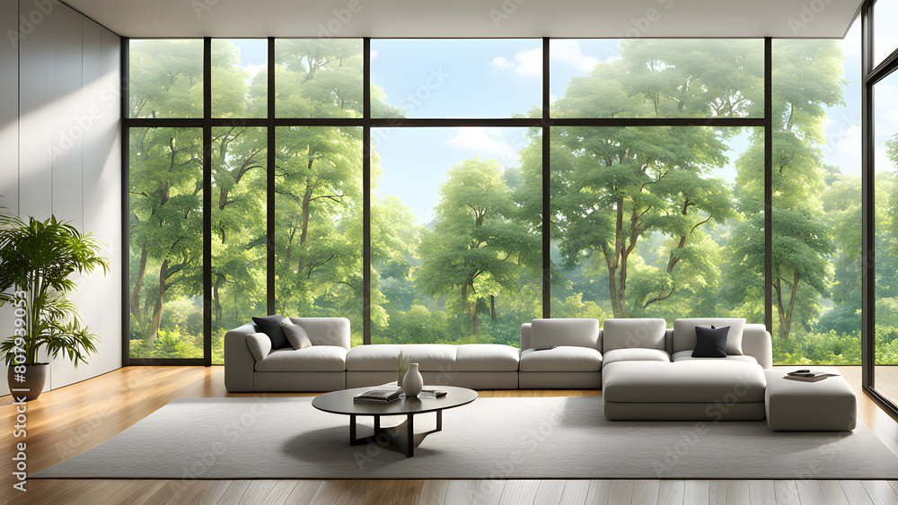 Fototapeta premium An airy living room with floor-to-ceiling windows overlooking a verdant garden