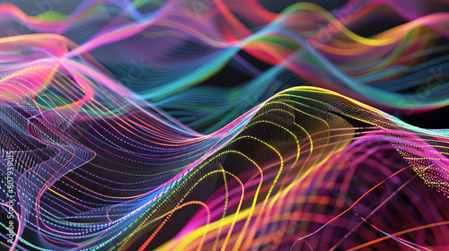 Abstract digital landscape where colorful lines curve and intersect at random, creating a mesh of connectivity. photo