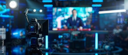 Reporting by Professional Anchor. Mock-up TV Newsroom with Newscaster Talking, Presenter. Professional Television Camera Unfocused.