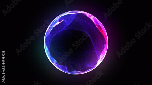 Vibrant glowing particle 3d sphere animation. Virtual assistant concept. Bright 3d energy orb in the space. Technology, science, innovations, and artificial intelligence background. 4k loop. 