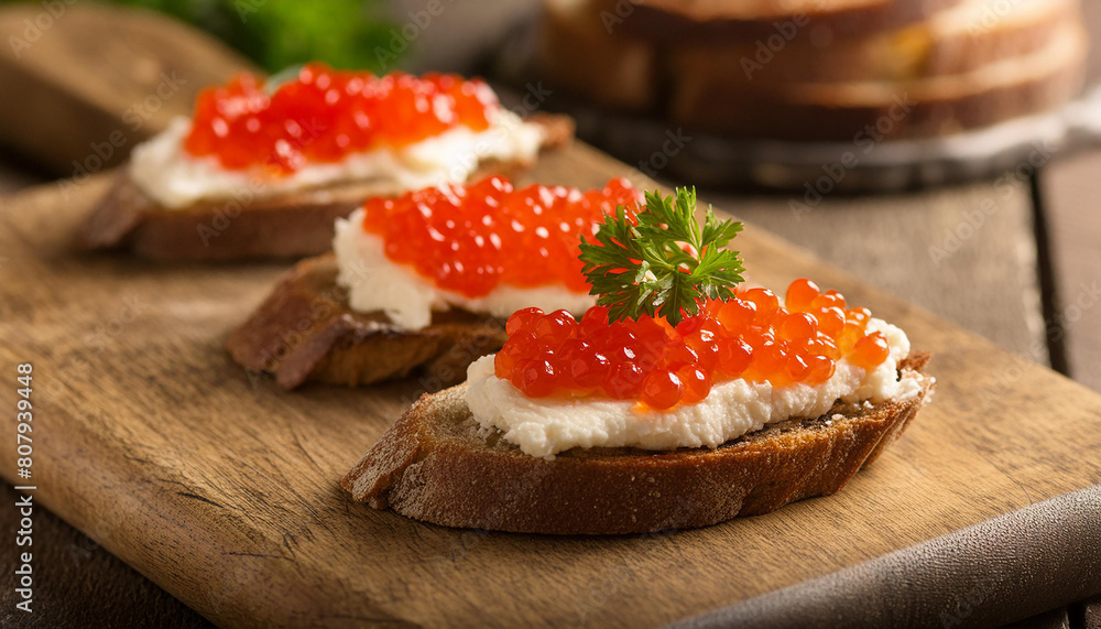 Bruschetta with cream cheese and red caviar on wooden board. Delicious snack. Tasty delicacy.