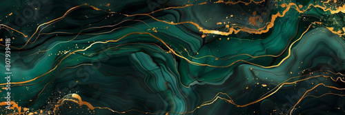 Abstract jade green jet black marble background with golden lines simulating a luxurious stone surface