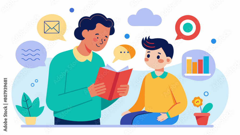 A mentee with sensory processing disorder learns strategies for managing sensory overload in daily life from their mentor who also experiences it.. Vector illustration A mentee with sensory processing disorder learns strategies for managing sensory overload in daily life from their mentor who also experiences it.. Vector illustration