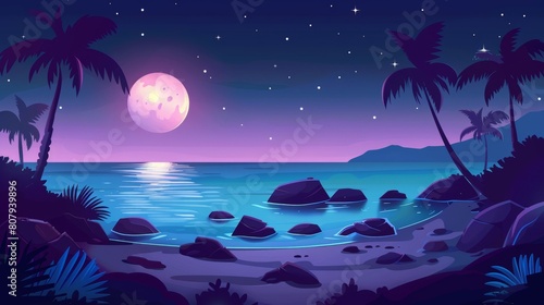 Coastal landscape with stones and palm trees at night under a dark starry sky and the light of the full moon. Cartoon modern tropical seaside summer scene with calm water.
