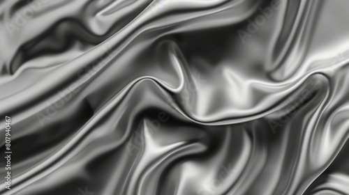 The smooth and soft gray surface of a silk fabric background appears to have a liquid ripple effect. A realistic modern illustration of the texture of a gray satin cloth texture.