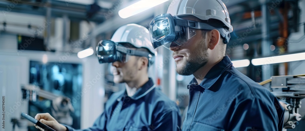 This portrait shows two engineers using industrial digital tablets to work with Augmented Reality. A great template shot for Augmented Reality. Manufacturing workshop with CNC machines. This portrait shows two engineers using industrial digital tablets to work with Augmented Reality. A great template shot for Augmented Reality. Manufacturing workshop with CNC machines.