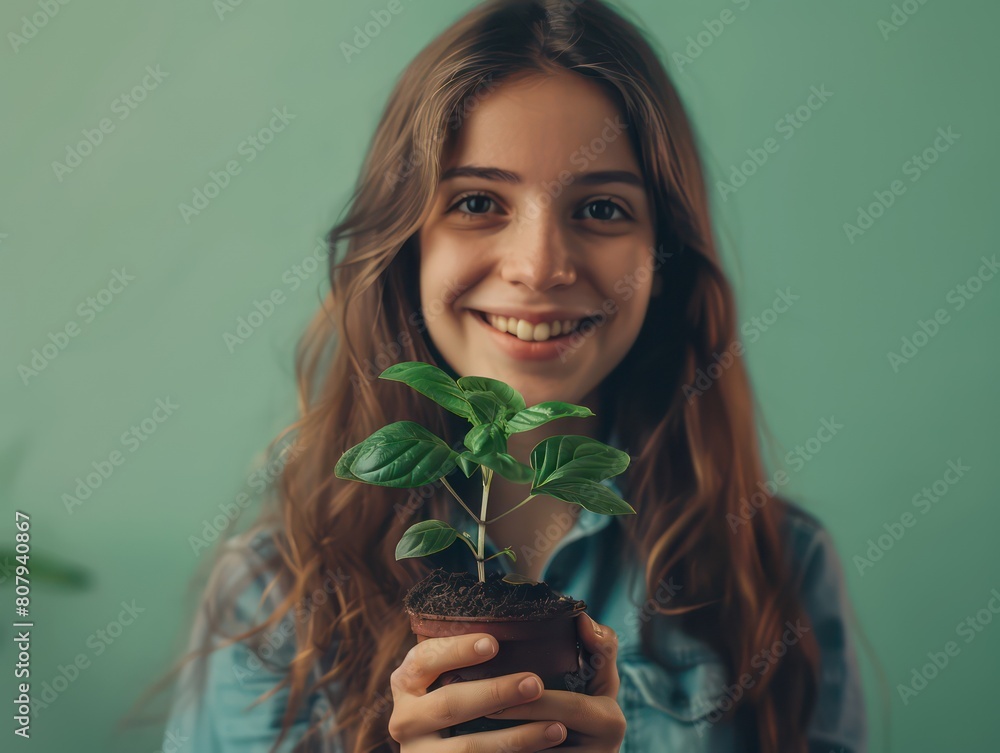 beautiful smiling girl botanist, holding a small plant in pot beautiful smiling girl botanist, holding a small plant in pot