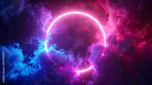 Blue and purple gradient ring with abstract flare glow. 3D game led mystery realistic round smokey graphic design for cyber show or stream.