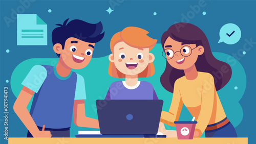 A trio of teens collaborate on a digital animation project excitedly preparing to submit it in an upcoming competition.. Vector illustration