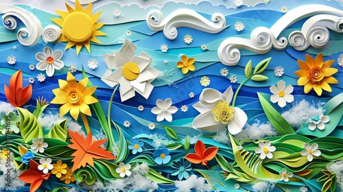 Vibrant Paper Craft Landscape with Sun  Clouds  and Flowers