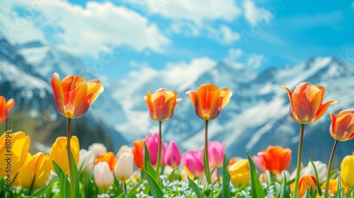 Vibrant Tulips Blooming in Front of Majestic Snow-Capped Mountains