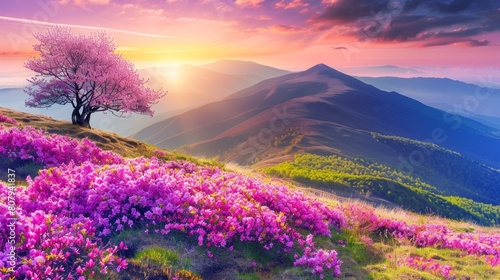 Vibrant Sunset Over Blossoming Mountain Landscape