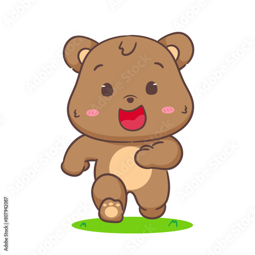 Cute bear running cartoon character. Adorable kawaii animals concept design. Hand drawn style vector illustration. Isolated white background.