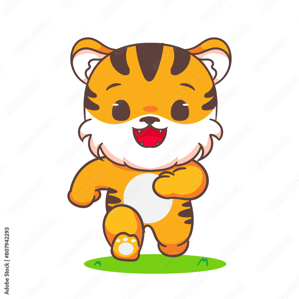 Obraz premium Cute tiger running cartoon character. Adorable kawaii animals concept design. Hand drawn style vector illustration. Isolated white background.