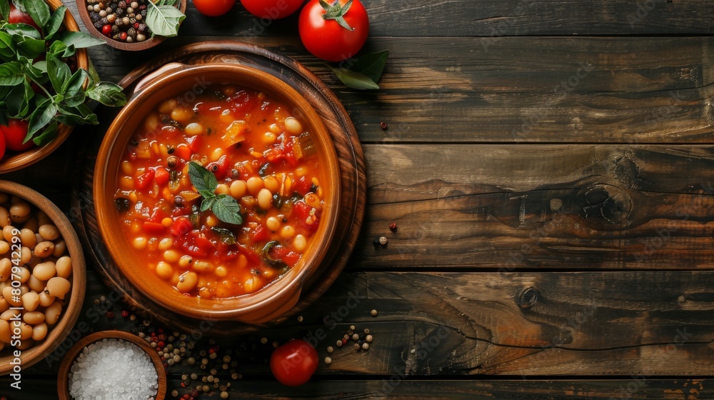 A rustic bowl filled with beans and tomatoes on a wooden table A rustic bowl filled with beans and tomatoes on a wooden table