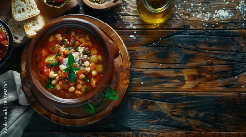 Rustic wooden bowl holding comforting Fasolada bean soup, served with crusty bread photo