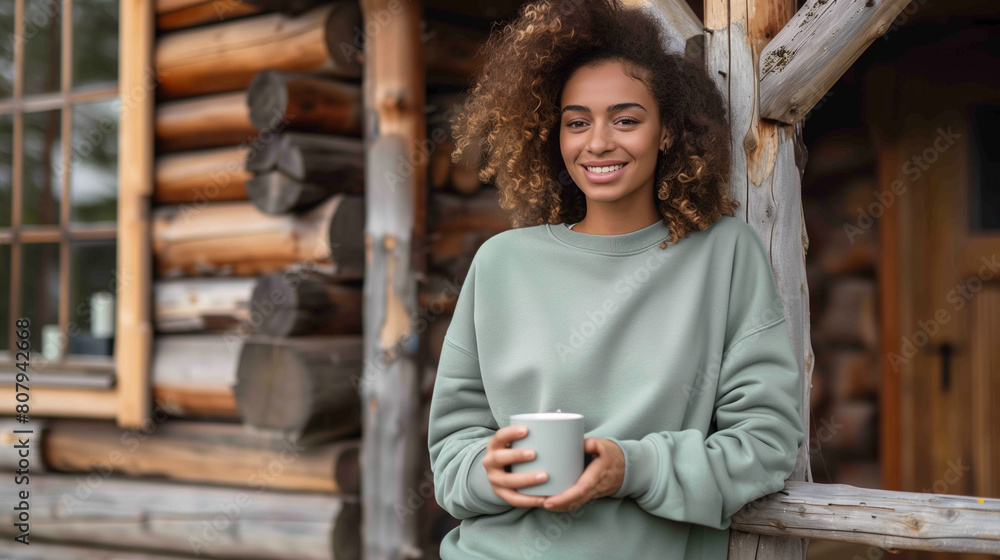 mixed ethnic young woman wearing a baggy light heather green crewneck sweatshirt, hold a mug of coffee standing in front of a log cabin in the woods, smiling mixed ethnic young woman wearing a baggy light heather green crewneck sweatshirt, hold a mug of coffee standing in front of a log cabin in the woods, smiling