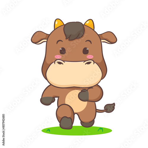 Cute buffalo cow running cartoon character. Adorable kawaii animals concept design. Hand drawn style vector illustration. Isolated white background.