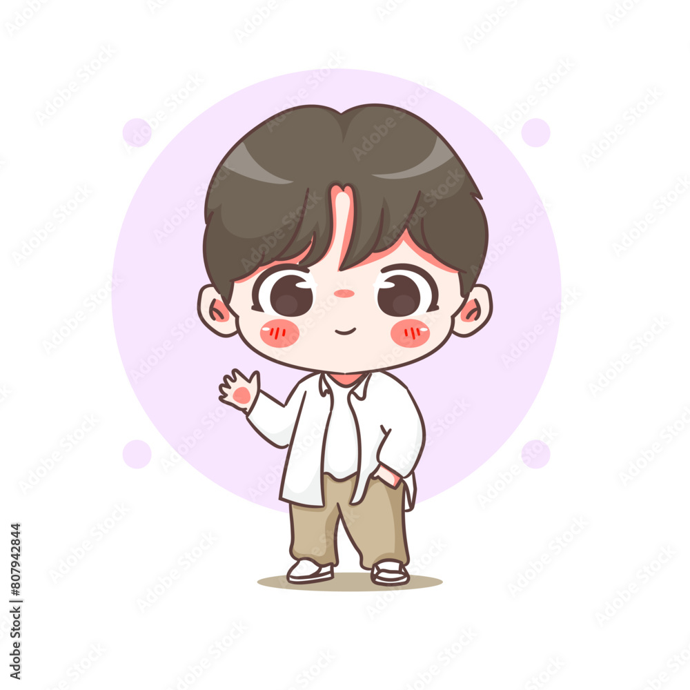 Cute boy waving hand cartoon character. Korean style fashion. People expression concept design. Chibi vector illustration. Isolated white background Cute boy waving hand cartoon character. Korean style fashion. People expression concept design. Chibi vector illustration. Isolated white background
