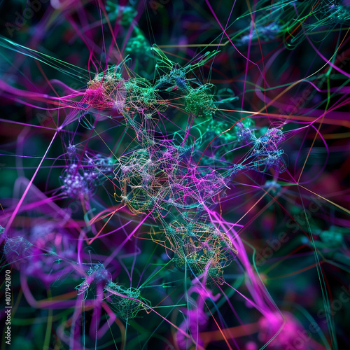 An abstract representation of a digital hub  with colorful threads in shades of purple and green  forming a dense network of connections.