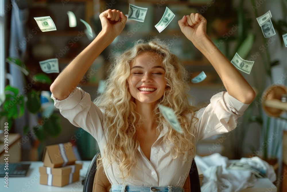 Happy woman rase hands up victory and success. Dollars money fly in air nearby.