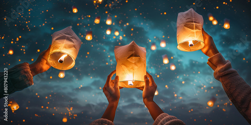 Flying lanterns in the night sky during the diwali festival india, yee peng or midautumn day in china concept by AI Generated Free Photo
 photo