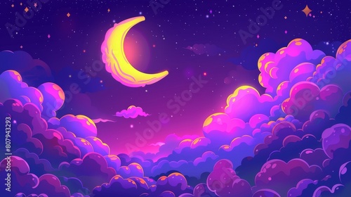 The night skyscape is a cartoon night skyscape of fluffy anime clouds and the crescent moon. Modern air panorama background with purple gradient haze, pink curves, and yellow stars. photo