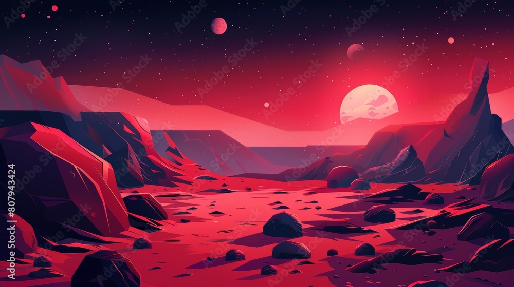 Aliens planet scenery with land terrain with red color under a night sky that is filled with stars and celestial bodies. A fantastic landscape of an open space planet with hills, cracks, and rocks. Aliens planet scenery with land terrain with red color under a night sky that is filled with stars and celestial bodies. A fantastic landscape of an open space planet with hills, cracks, and rocks.