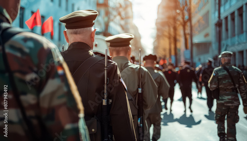 A group of men in military uniforms march down a street