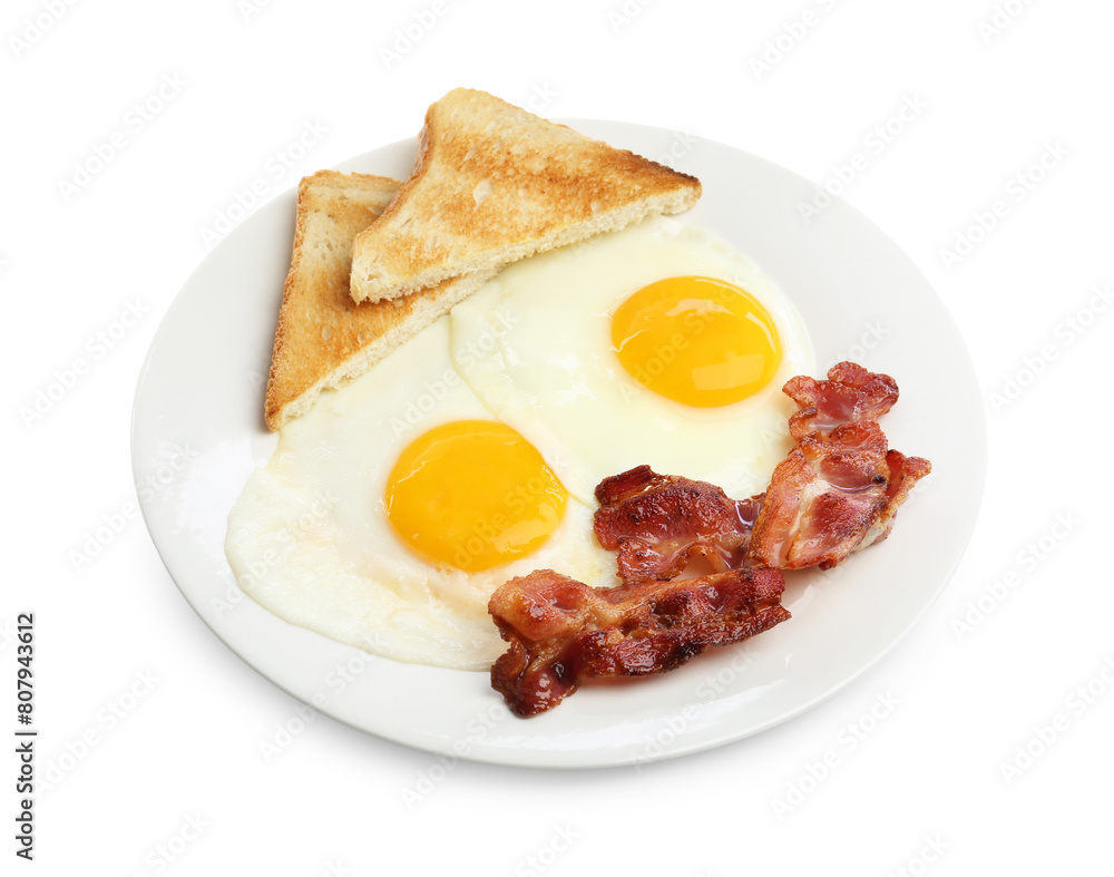 Delicious breakfast with sunny side up eggs isolated on white Delicious breakfast with sunny side up eggs isolated on white