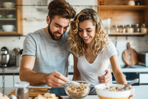 Young married hipster couple having breakfast in the kitchen