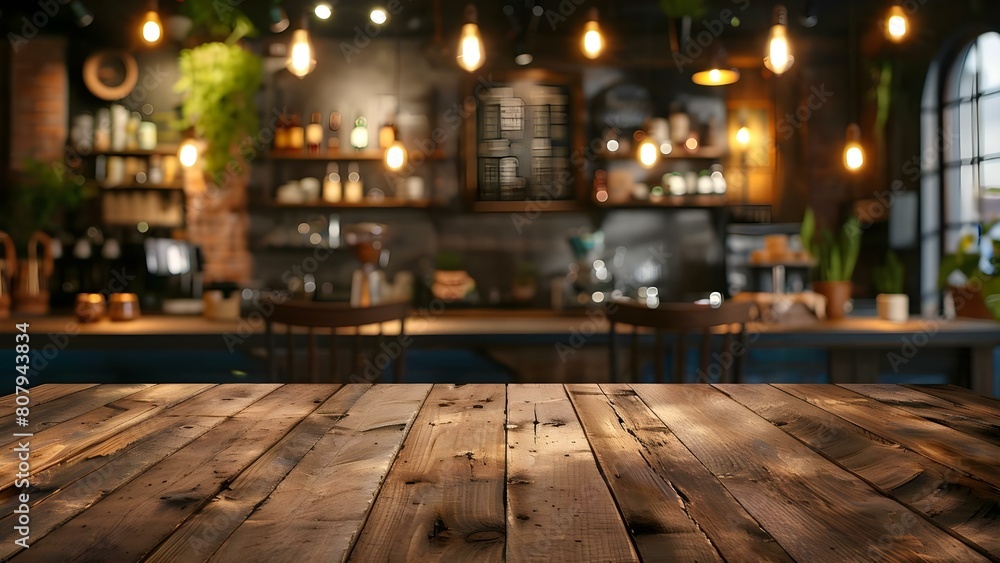 Cafe background with blurred setting and wooden table for product display or design layout. Concept Cafe Setting, Product Display, Design Layout, Blurred Background, Wooden Table