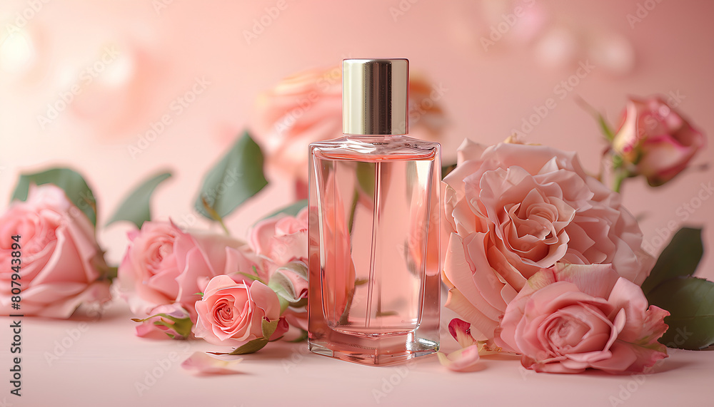 Beautiful composition with bottle of perfume and rose flowers on pink background Beautiful composition with bottle of perfume and rose flowers on pink background