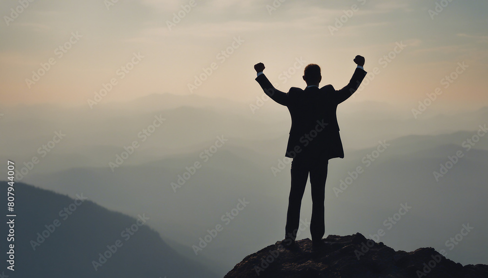 silhouette of a businessman in a suit standing on a high mountain peak with one hand raised in a fist
silhouette of a businessman in a suit standing on a high mountain peak with one hand raised in a fist