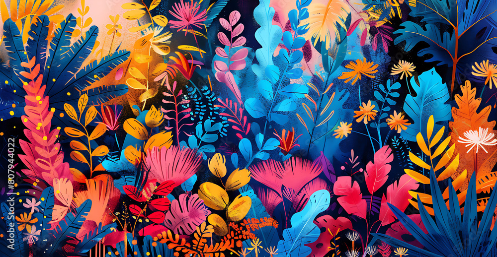 Abstract art painting of vibrant jungle rainforest with a lot of different plants