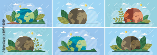 World Environment Day. Earth day or environment conservation concept. Save green planet. Earth nature care. Eco globe green world with plant symbol set. Ecology planet and leaf. Presentation print © robu_s