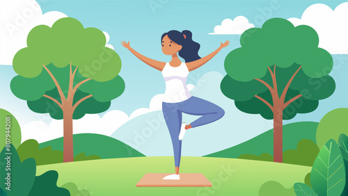 A woman in a flowy white top and leggings balancing in tree pose on a wooden platform in a lush green park.. Vector illustration