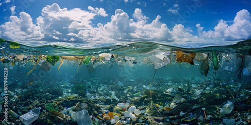 Fototapeta Naklejka Na Ścianę i Meble -  Underwater front view on polluted plastic water ocean or sea wave, macro, glass, sky, blue